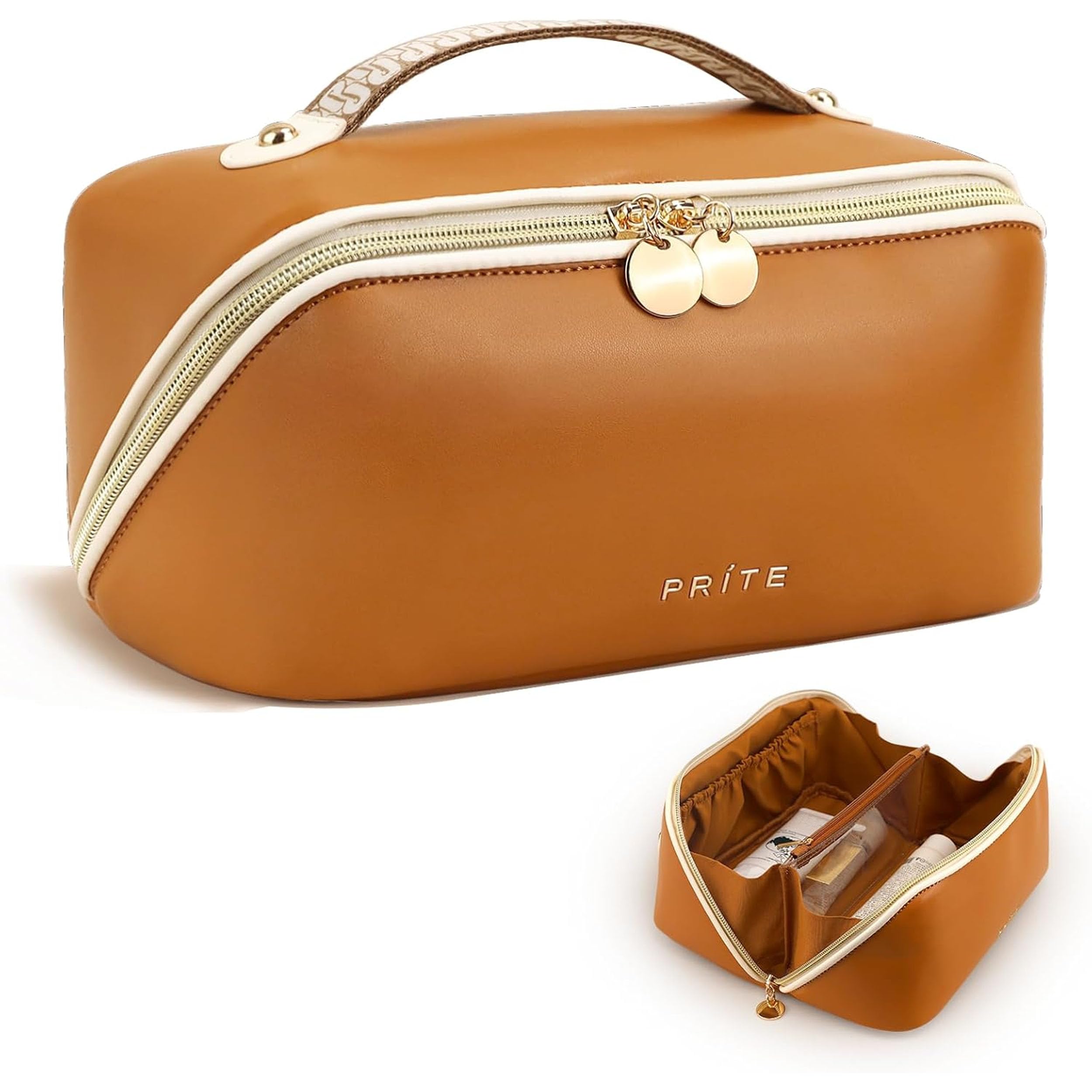 Photo 1 of Prite Makeup Bag for Women Travel Waterproof Vegan Leather Cosmetic Bag Open Flat Toiletry Bag With Clear Divider and Handle (Brown)