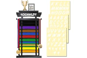 OGANAZI 12 Belts Karate Belt Display Rack with Personalized Stickers, Taekwondo Belt Display Holder with Bamboo Trophy Rack, Felt Martial Arts Belts Display Holder for Taekwondo Karate BJJ Gifts