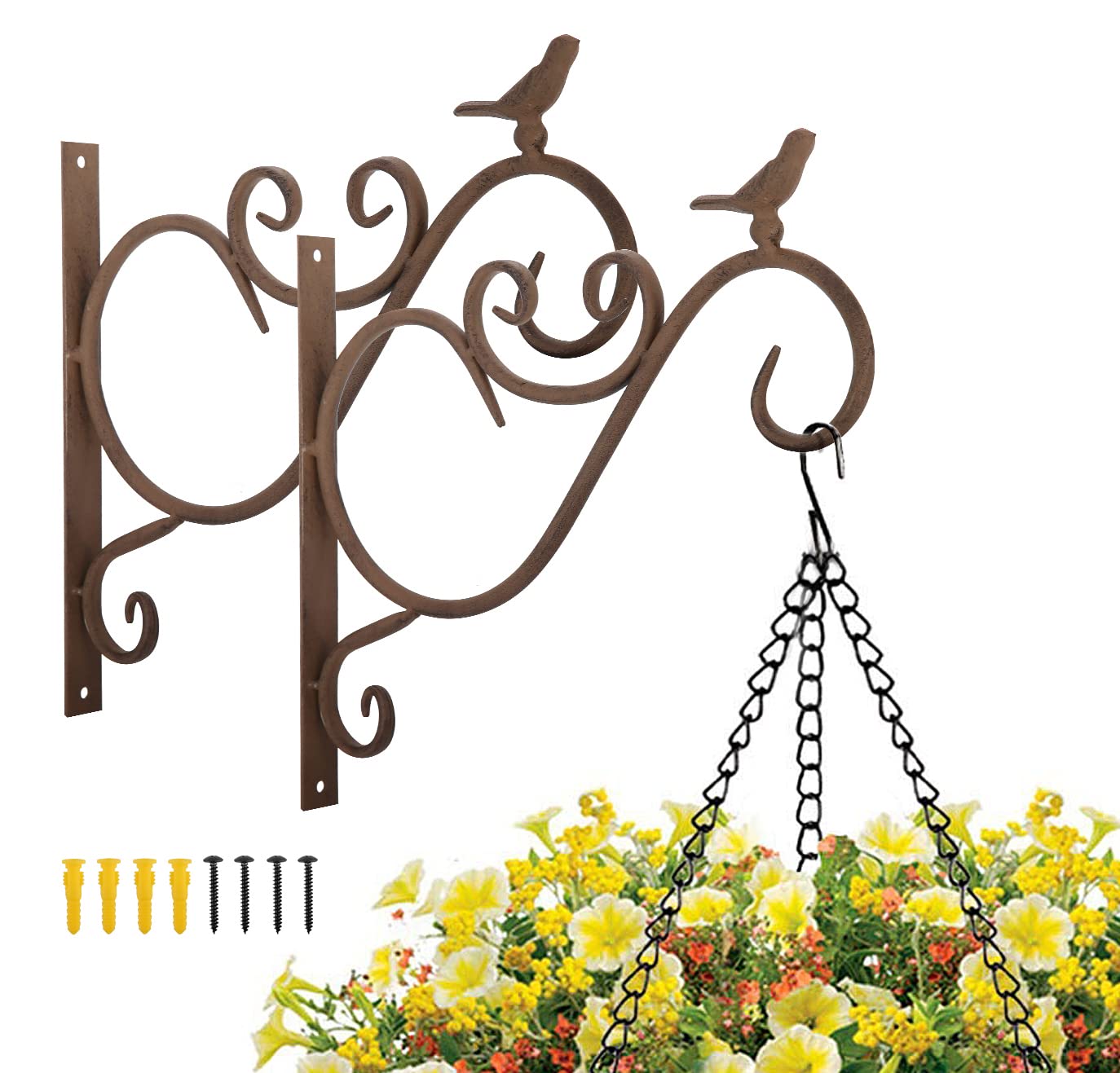 Lewondr Wall Hanging Plant Bracket, 2 Pack 12-inch Retro Iron Metal Wall Décor Shepard Hook Lantern Wall Hanger for Hanging Plant Flower Bird Feeder Planter Indoor Outdoor, Bird 01 - Retro