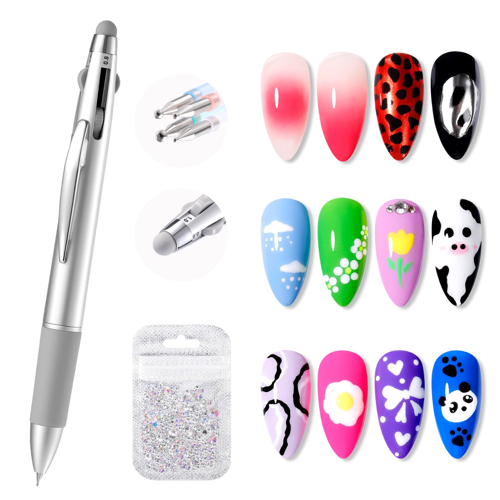 Photo 1 of Gellen 5-in-1 Nail Dotting Pen with Ballpoint Pen Design & Nail Rhinestones, Double-end Nail Dotting Tools for Dotting, Gems, Gradient, Chrome Powder, DIY Manicure Home Salon Nail Art Tools