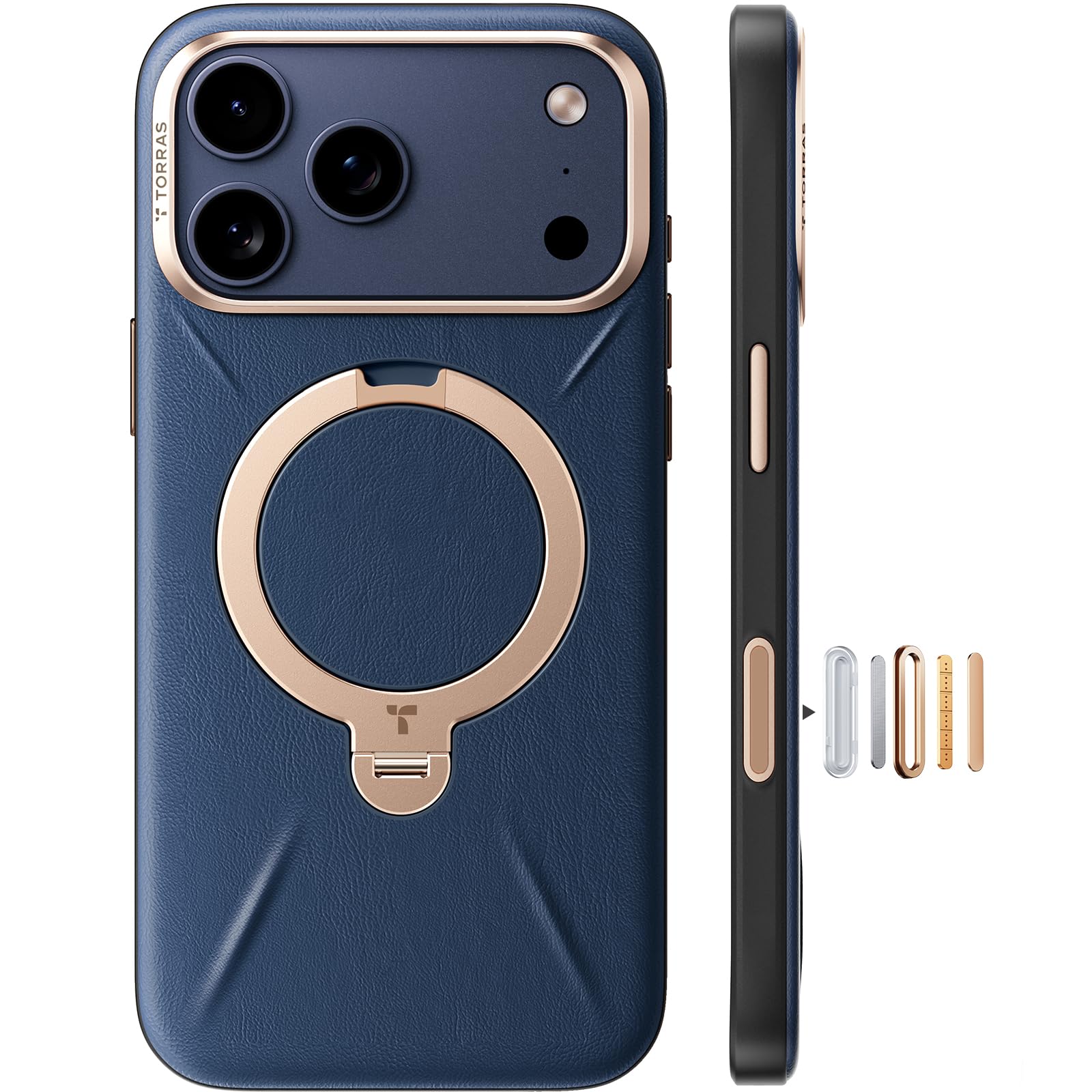 Photo 1 of TORRAS Q3 VegSkin for iPhone 17 Pro Max Case Leather, 360 Spin Magnetic Stand, Fit for MagSafe, Camera Control, Shockproof Premium Organic Silicone Leather Phone Case for iPhone 17 Pro Max, Deep Blue
