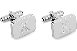 18K White-Gold Plated Initial Engraved Stainless Steel Men’s Cufflinks With Gift Box -Personalized Alphabet Letter’s A-Z By Lux & Pair