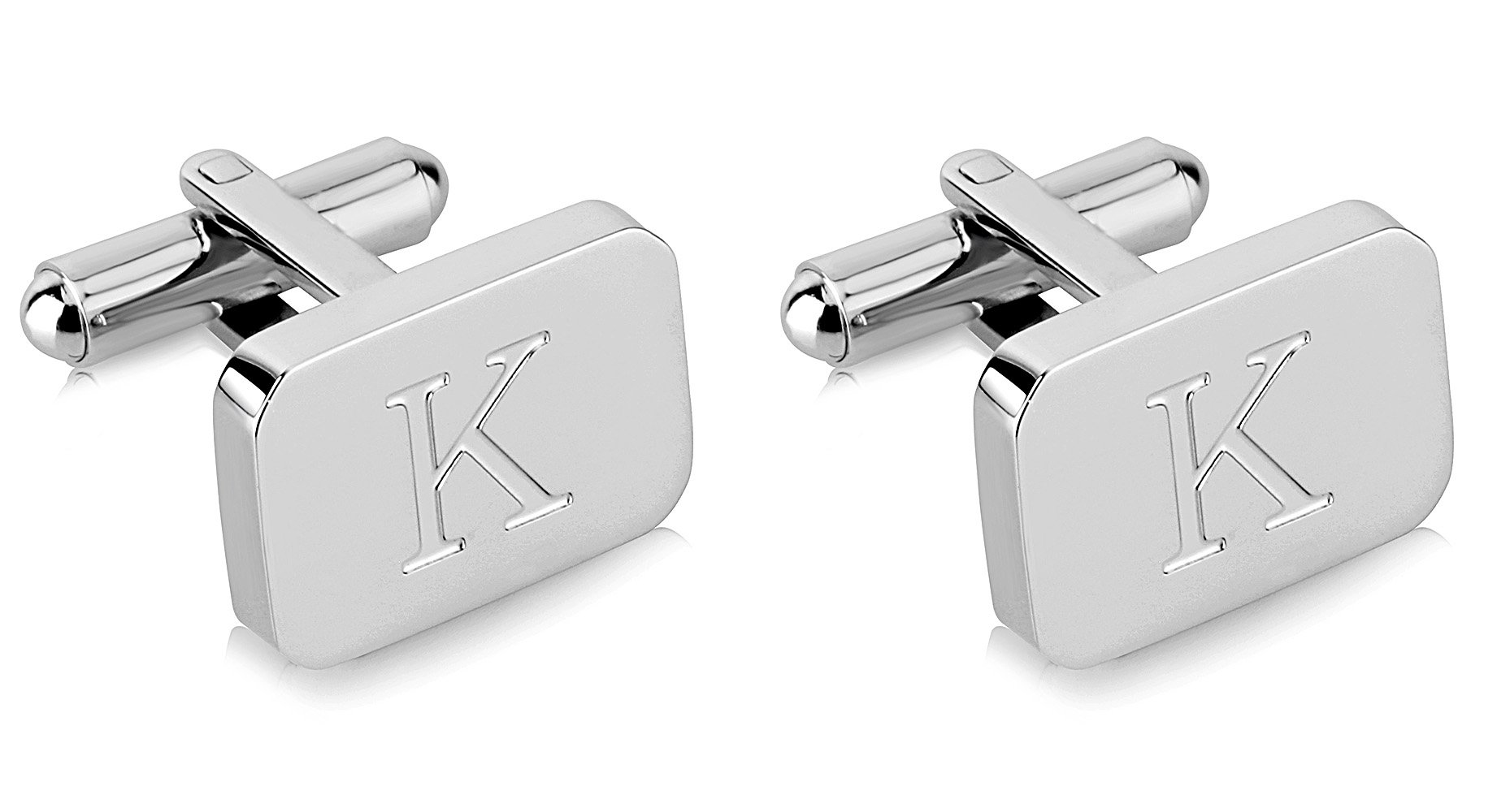 18K White-Gold Plated Initial Engraved Stainless Steel Men’s Cufflinks With Gift Box -Personalized Alphabet Letter’s A-Z By Lux & Pair, Stainless Steel, na