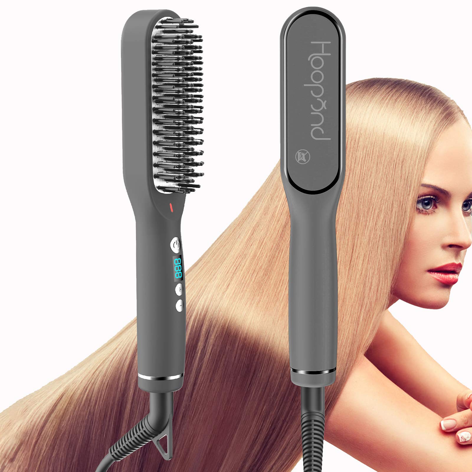 Hair Straightener Brush Multifunctional Straightening Comb with Digital LED Display, Straight & Curly 2 in1, 30s Fast Heating Ceramic PTC, 5 Levels Heat Adjustable Auto-Off, Anti-Scalding- UK Plug