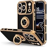 Hython for iPhone 17 Pro Max Case with Ring Stand, 360° Rotatable Ring Holder Magnetic Kickstand, Plating Rose Gold Edge Soft Cover Protective Phone Case for iPhone 17 Pro Max 6.9", Black