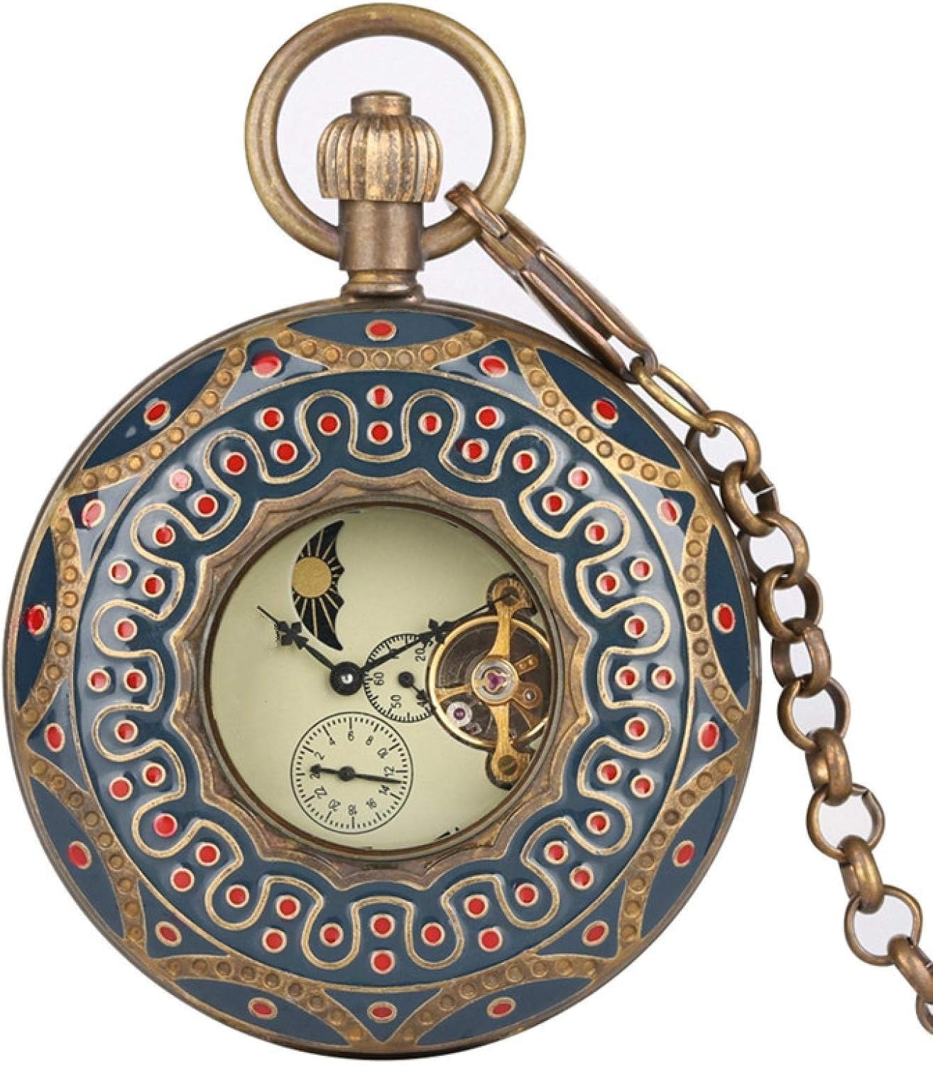 Pocket Watch with Chain Pure Copper Mechanical Retro Large Tourbillon