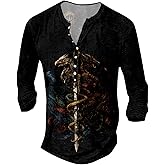 Mens Distressed Short/Long Sleeves Henley Shirt Jesus Cross Nail Print Retro Button Down V Neck Shirts for Men