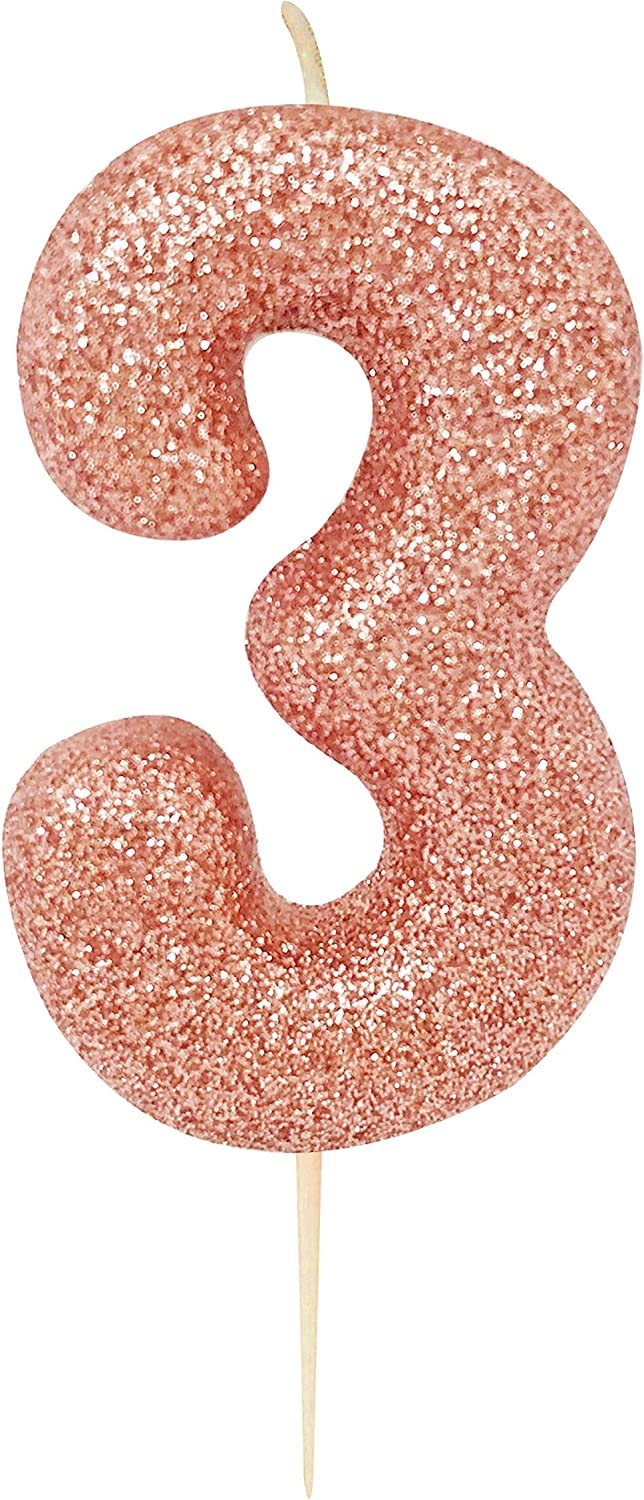 Anniversary House Metallic Rose Gold Glitter Number 3 Cake Candle for Birthday and Anniversary Decorations - Elegant Birthday Candle for Cake - Stylish Rose Gold Number Candle Topper 7 cm