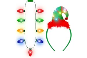 Blowata 2 Pack Christmas Light Up Bulk, Christmas Light Up Headband and Necklace, Xmas Bulb Lights Necklace for Party Favor Supplies, Xmas Holiday Accessories for Men Women