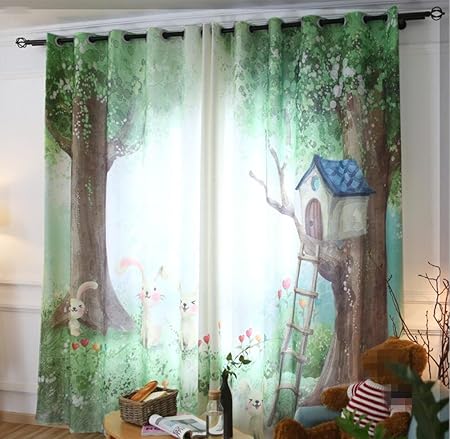 Dbtxwd Kinder Vorhang 3d Karikatur Baum Hase Kleine Haus Grun Umweltschutz Drucken Stoffe Semi Shading Falte Home Decor Moderne Minimalistische Schlafzimmer Wohnzimmer Fenster Vorhange B Amazon De Kuche Haushalt