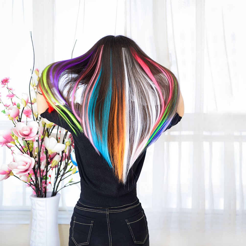 12 Pieces Party Highlights Clip in Colored Hair Extensions for Kids Girls Colorful Hair Extensions 22 inches Straight Synthetic Hairpieces 12 Multi-Colors