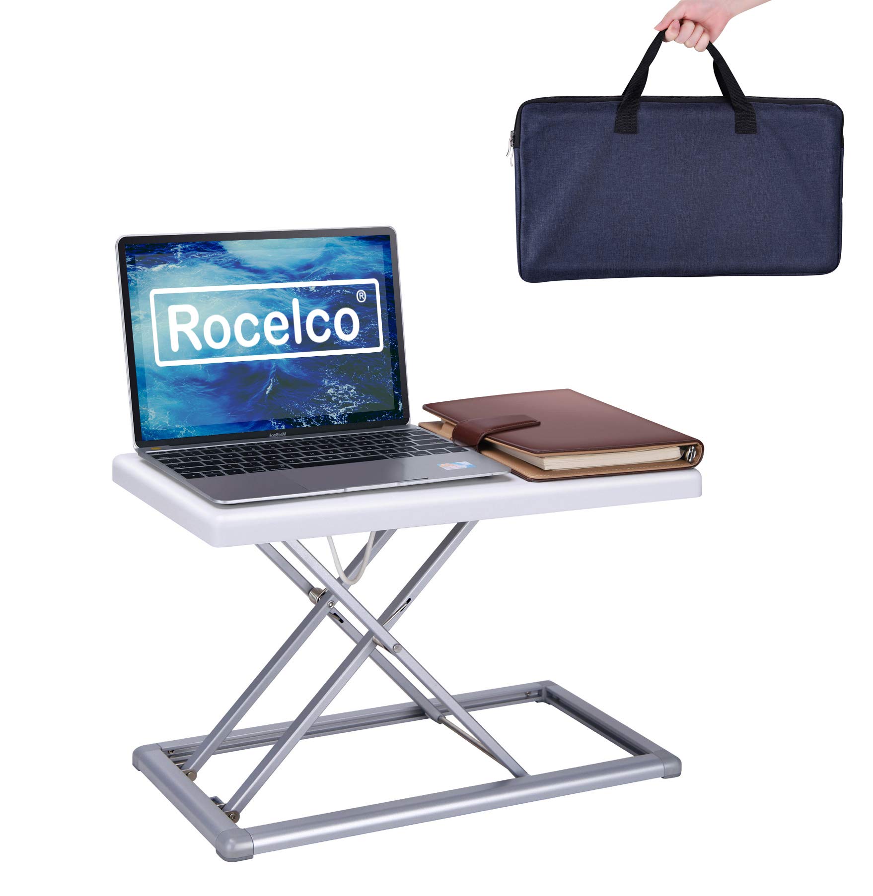 Rocelco 19" Portable Laptop Riser, Height Adjustable Travel Standing Desk Converter, Premium Compact Sit Standup Keyboard Monitor Rising Workstation with Carry Bag, White