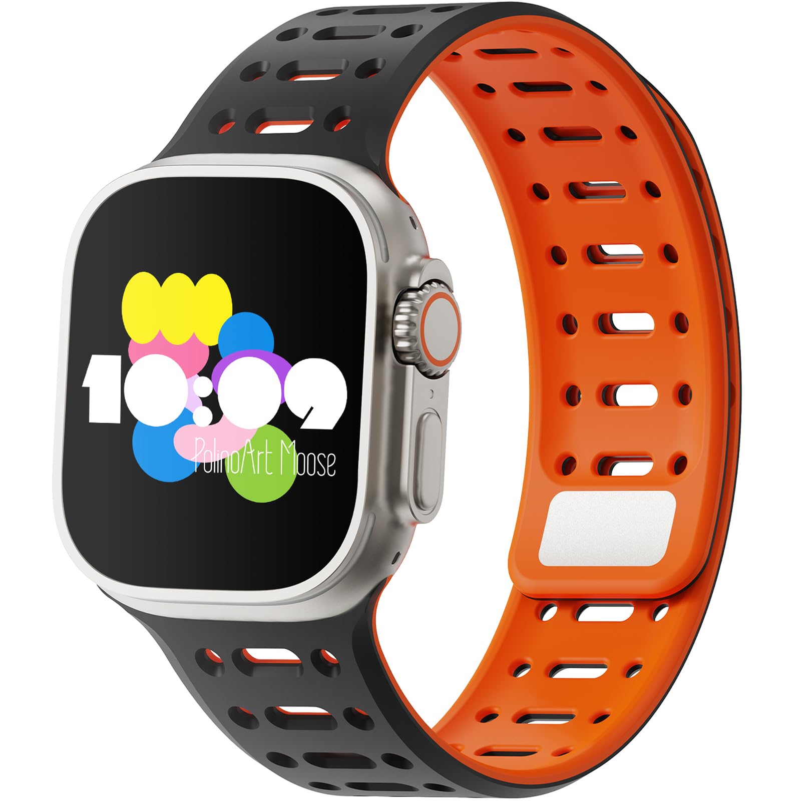 POLINOART MOOSE Magnetic Silicone Sport Band for Apple Watch Ultra 1/2/3, Series 4-11 & SE, Adjustable Secure Fit 38mm-49mm for Men and Women, Black/Orange