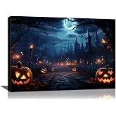 vandlife Halloween Canvas Wall Art Ghost Castle Pumpkin Poster 24x16in | Dark blue framed canvas with ghostly castle, pumpkin lantern, bats and moon for living room, bedroom or Halloween decor