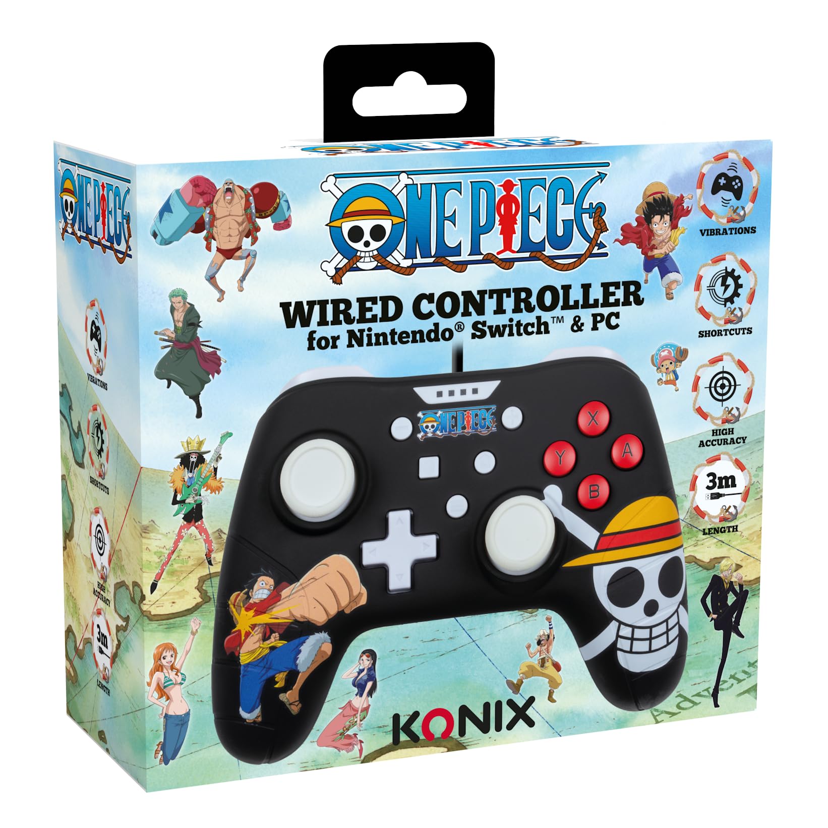 Konix One Piece Wired Controller für Nintendo Switch, Switch 2 und PC - Vibrationsfunktion - 3 m Kabel - Luffy-Motiv - Schwarz 5