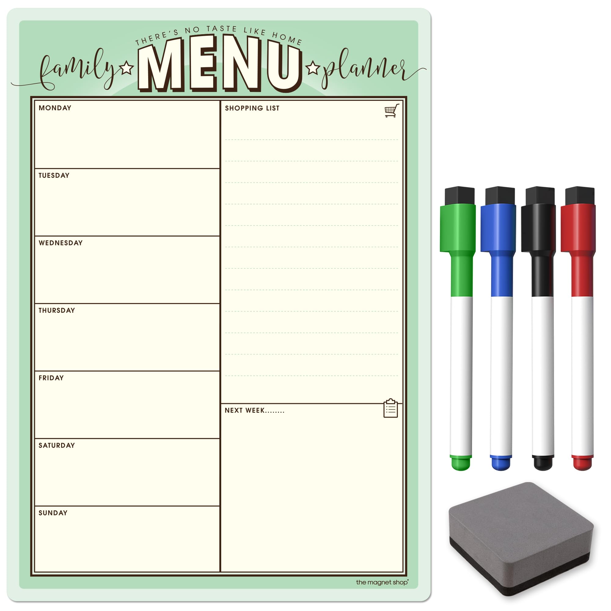 TMS Weekly Family Menu Planner A4 | Dry Erase Meal Planner, Whiteboard and Shopping List for Your Home, Kitchen, Fridge | with 4 Dry Wipe Pens and Eraser (Pistachio, A4)