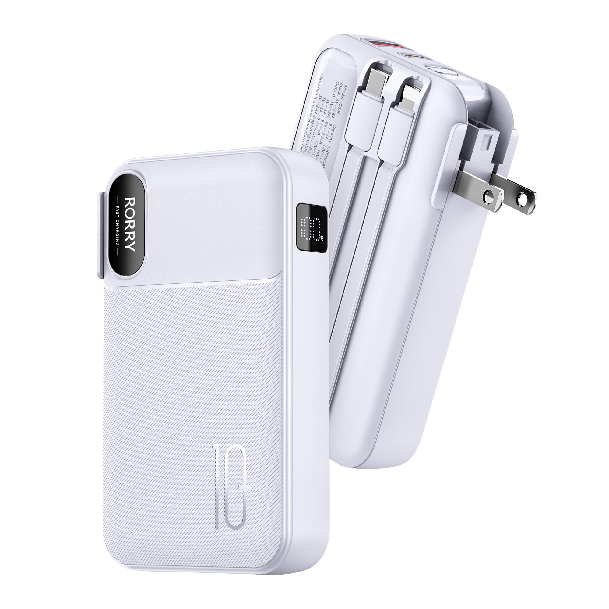 RORRY Portable Charger Built in Cables, AC Wall Plug in Portable Charger Power Bank 10000mAh Travel Battery Pack 22.5W Fast Charging for iPhone 17/16/15 Samsung Galaxy S25/S24 Pixel LG iPad, Purple