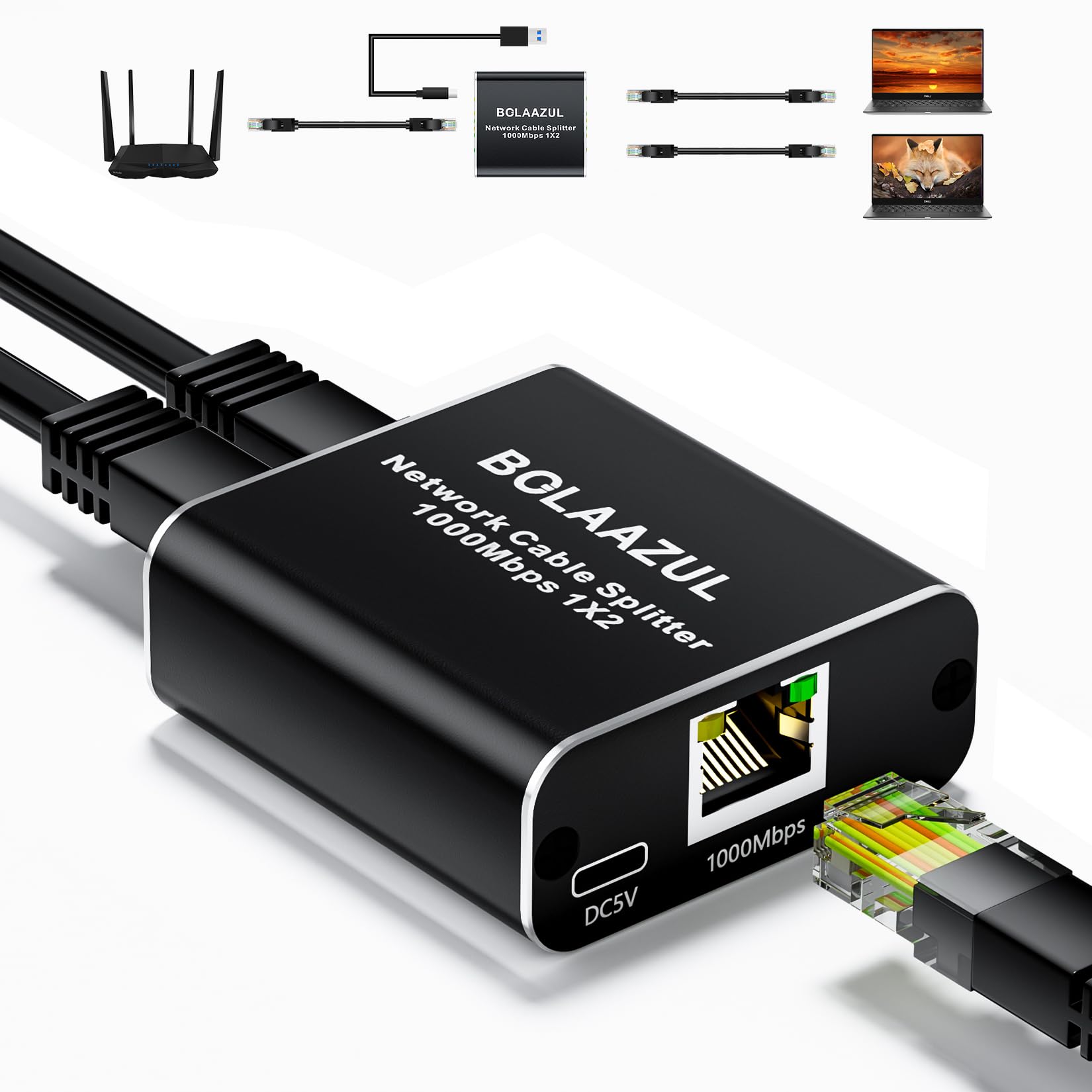 Ethernet Splitter 1 in 2 Out High Speed, BolAAzuL 1000Mbps LAN/Internet Cable Splitter 1x2 Gigabit RJ45/Network CAT 5/6/7/8 Splitter 1 to 2, with USB Power Cable, 2 Devices Simultaneously Networking