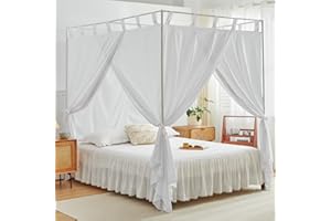 AIKASY Rideaux de lit blancs avec attaches et embrasses pour décoration de chambre à coucher – Rideaux de lit Queen Size avec