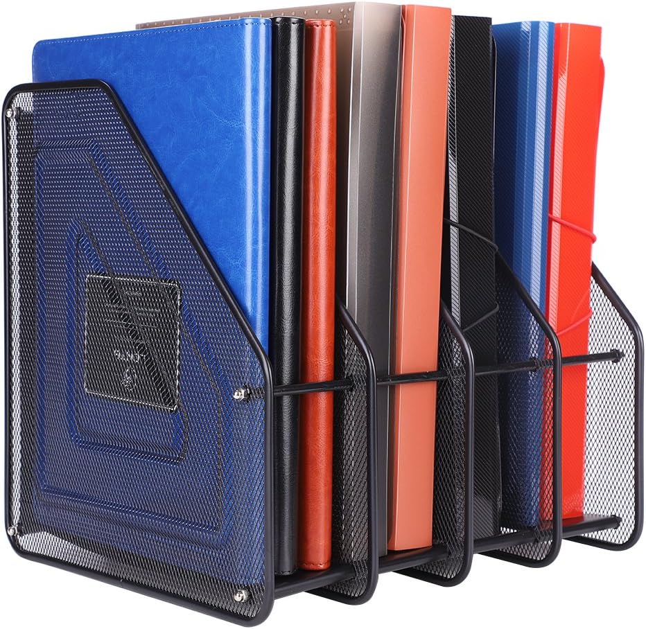 Metal Mesh Magazine Holder Detachable File Rack Holder 4 Compartments Desktop File Organiser Office Home School Desk Tidy Storage Organiser Sorter Bookshelf Document Rack Display and Storage Organiser