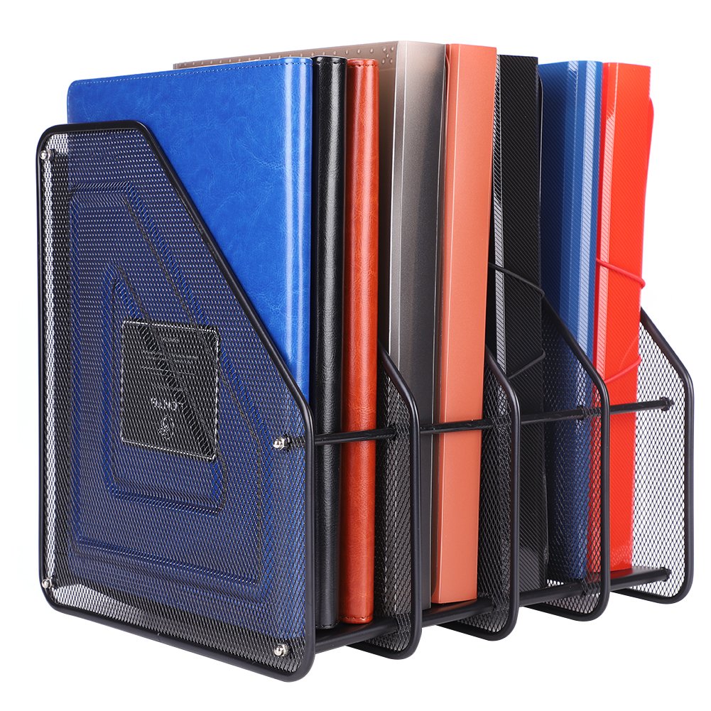 Metal Mesh Magazine Holder Detachable File Rack Holder 4 Compartments Desktop File Organiser Office Home School Desk Tidy Storage Organiser Sorter Bookshelf Document Rack Display and Storage Organiser