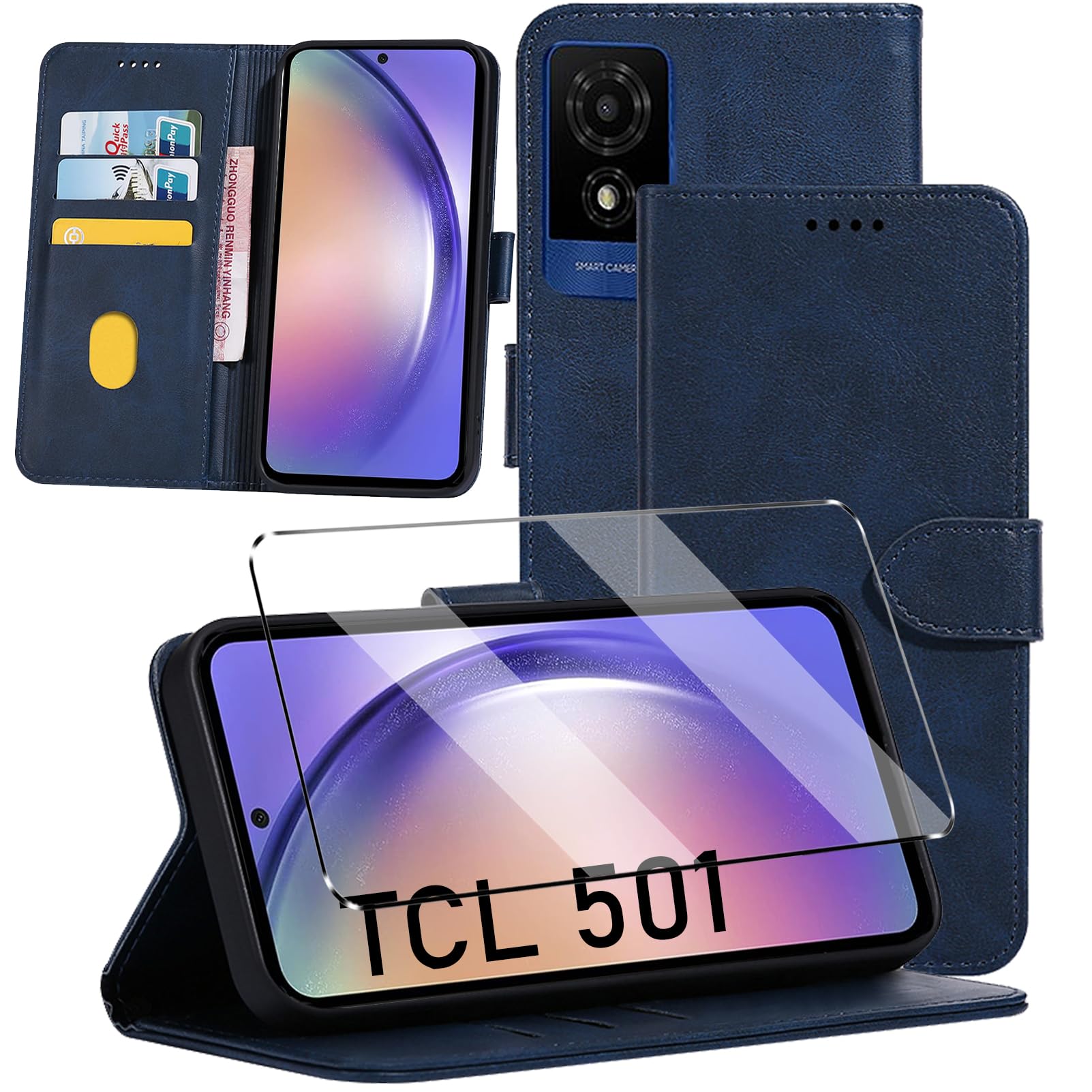 HuiYouMY 2-in-1 Case Compatible with TCL 501 Leather Phone Case, Wallet Case Cover [Card Slots] [Kickstand] Magnetic Closure Full Protection Book Folio Design wallet flip phone case - Navy
