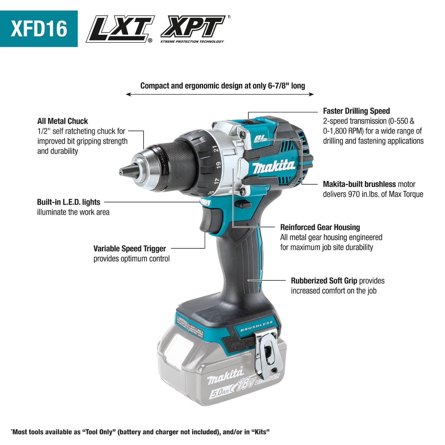 Makita XFD16Z 18V LXT® Lithium-Ion Brushless Cordless 1/2