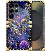 WANKBLC for Samsung Galaxy S25 Ultra Case, Luxury Golden Decoration for Girl Women Soft TPU Shockproof Protective Hard PC Back Glistening Golden Butterfly Vibrant Purple Blue Pattern