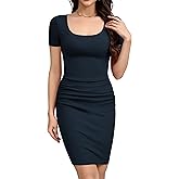 Missufe Women's Scoop Neck Short Sleeve Ruched Bodycon Sundress Ribbed Knit Slim Fit Casual Pencil Dress