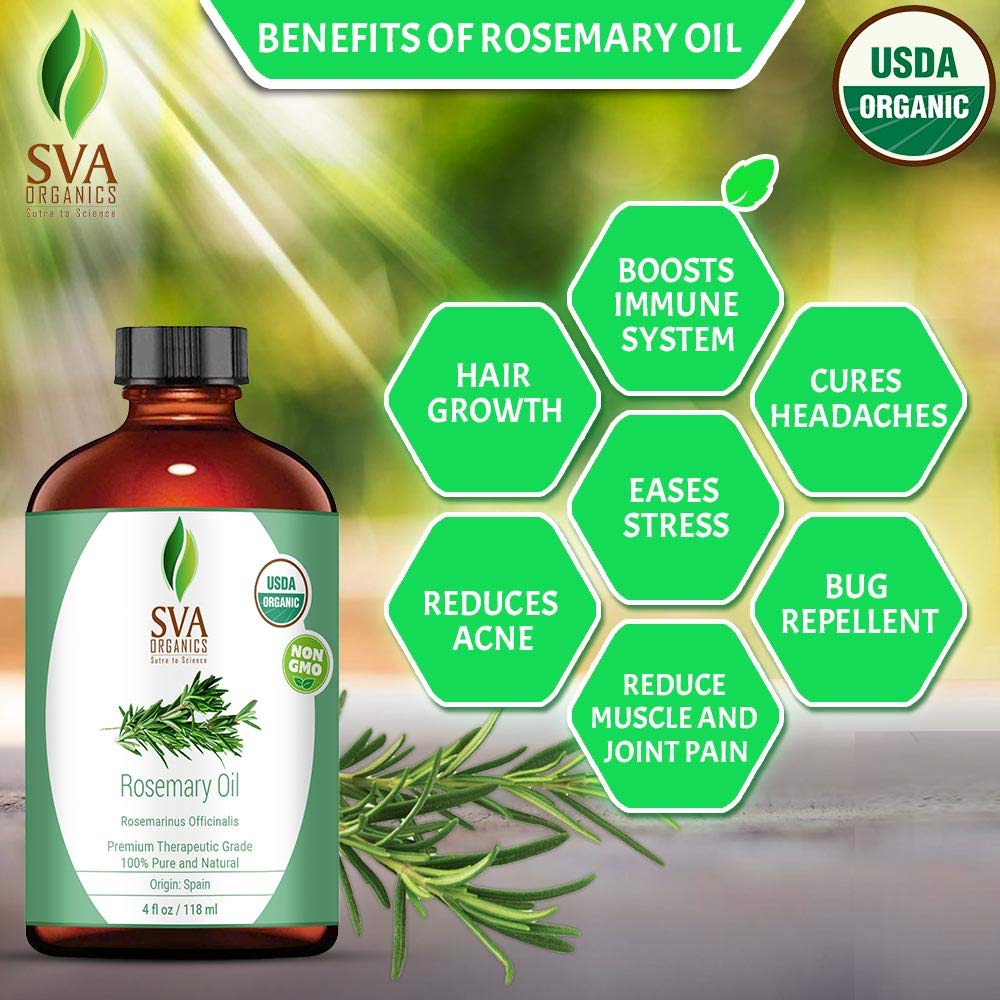 SVA Organics Rosemary Essential Oil Organic USDA 4 Oz 100% Pure & Natural, Authentic Premium Therapeutic Grade Oil for Hair, Skin, Massage and Aromatherapy: Beauty