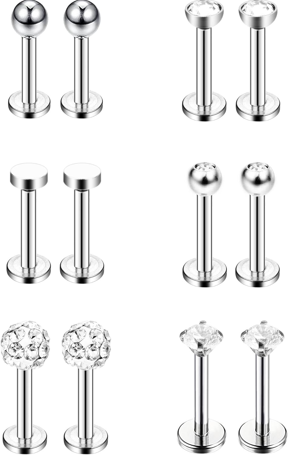 6 works Stainless Steel Nose Studs Tragus Bars Labret Bars Crystal Ball Body Piercing Jewelry, 6 Designs, 16 Gauge (Silver)