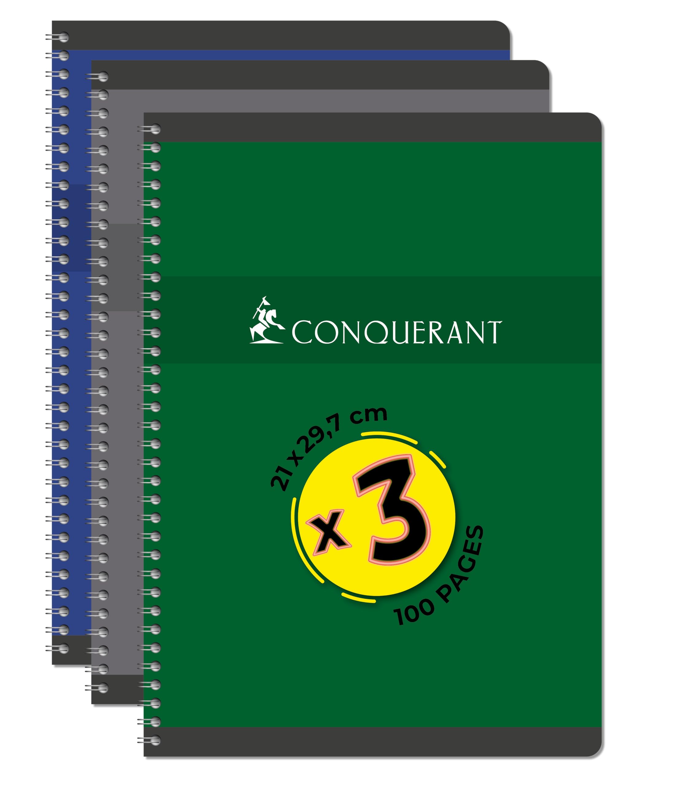 CONQUERANT Pack of 3 A4 Notebooks 100 Pages 70 g Q5 x 5 Full Binding Card Cover Assorted Colours