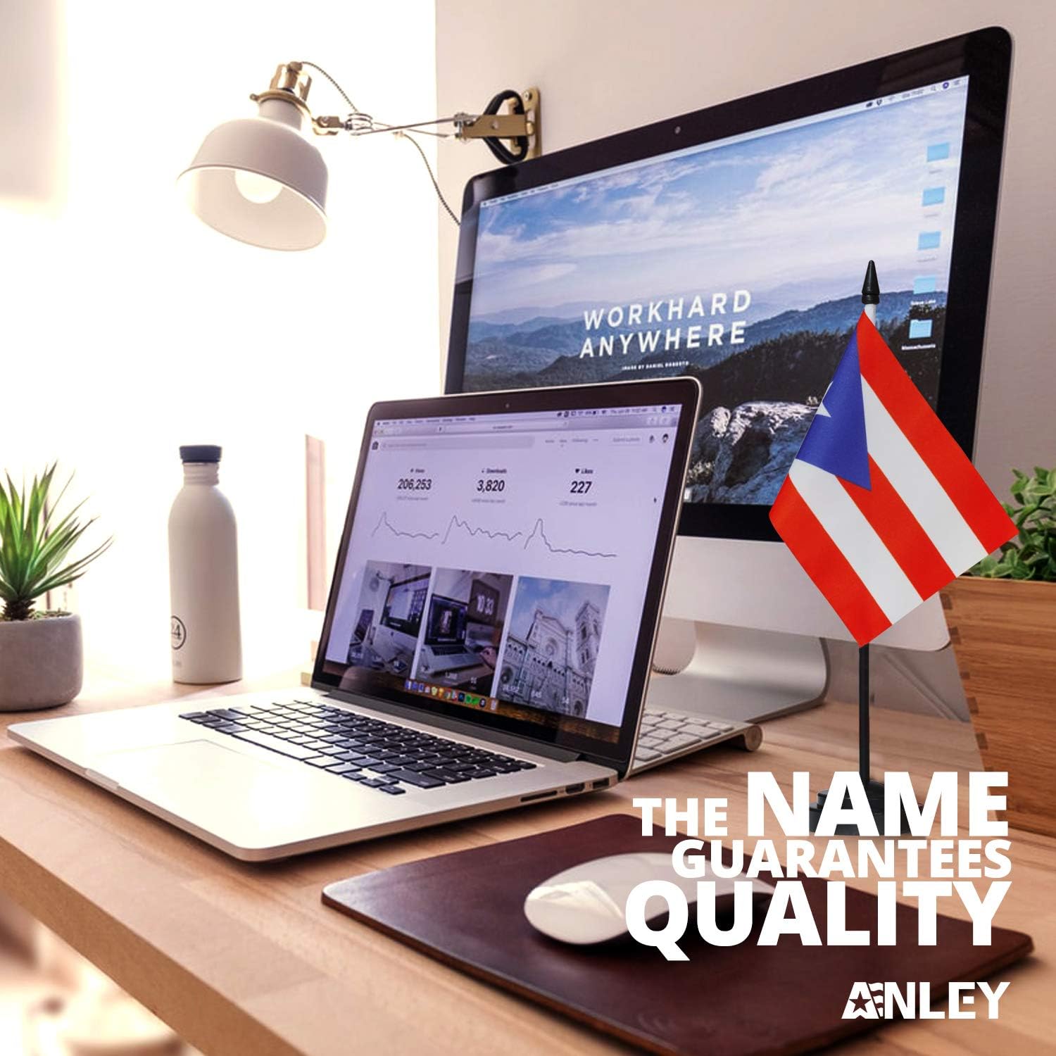 ANLEY Puerto Rico Deluxe Desk Flag Set - 6 x 4 Inch Miniature Puerto Rican Desktop Flag with 12" Solid Pole - Vivid Color and Fade Resistant - Black Base and Spear Top : Office Products