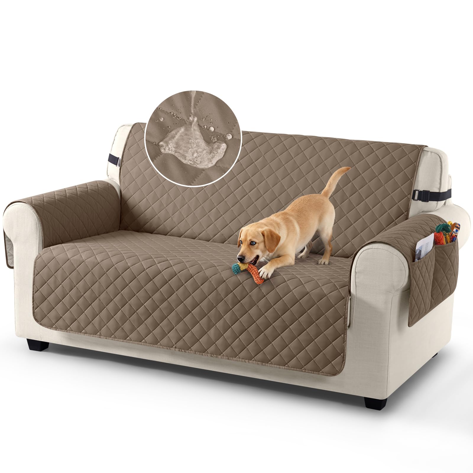 TAOCOCO Sofa Covers 100% Waterproof Sofa Slipcovers 2 Seater,Couch Covers with Storage Pockets,Anti Slip Settee Covers,Washable Sofa Protector for Kids/Dogs/Pets(Brown)