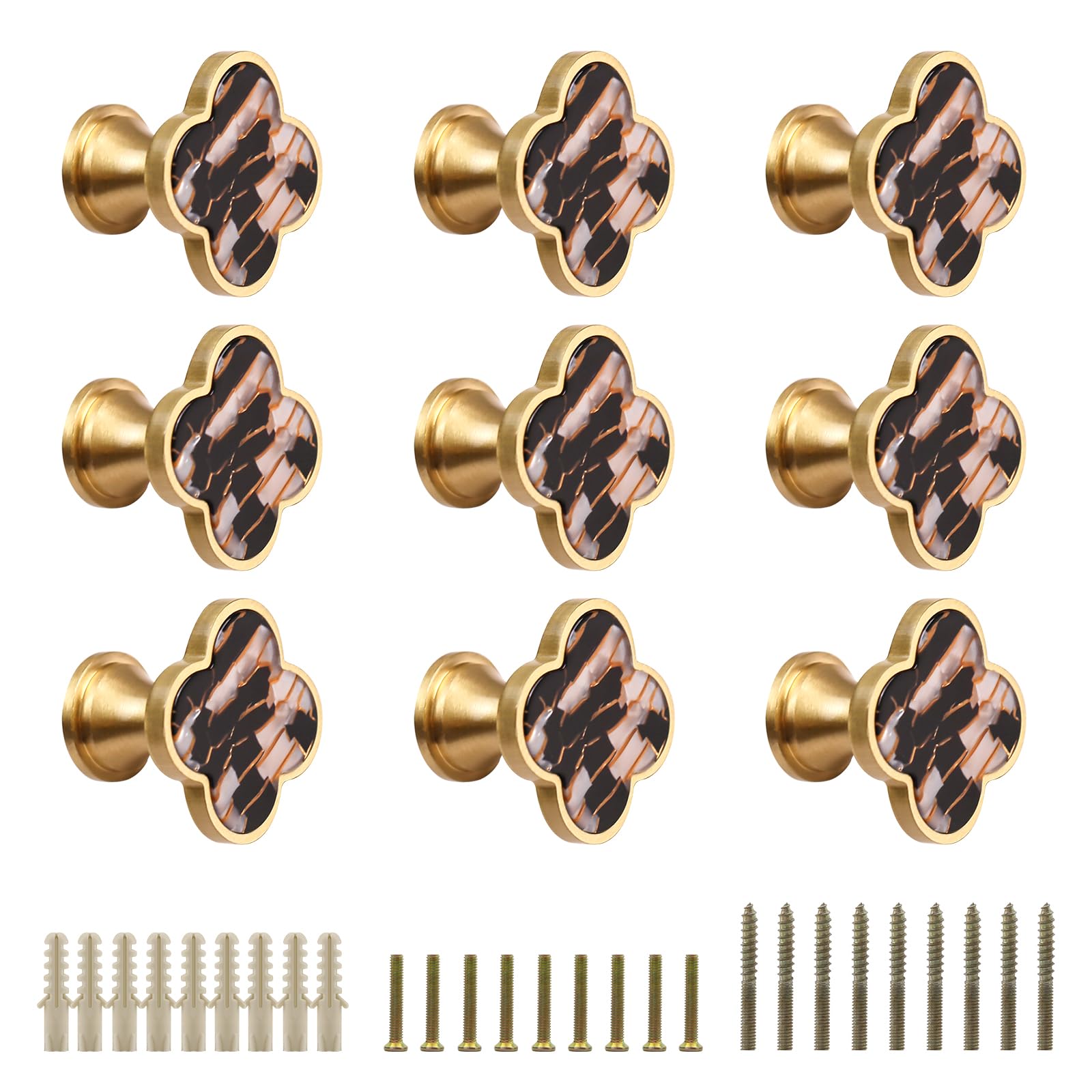 EVERGD 6/9pcs 28mm Four-Leaf Brass Gold Clover Knobs Cabinet Door Knobs Drawer Pulls with Screws, Handle Brushed Brass Dresser Drawer Pulls Handles Coat Hook Single Hole (Amber&Black, 9)