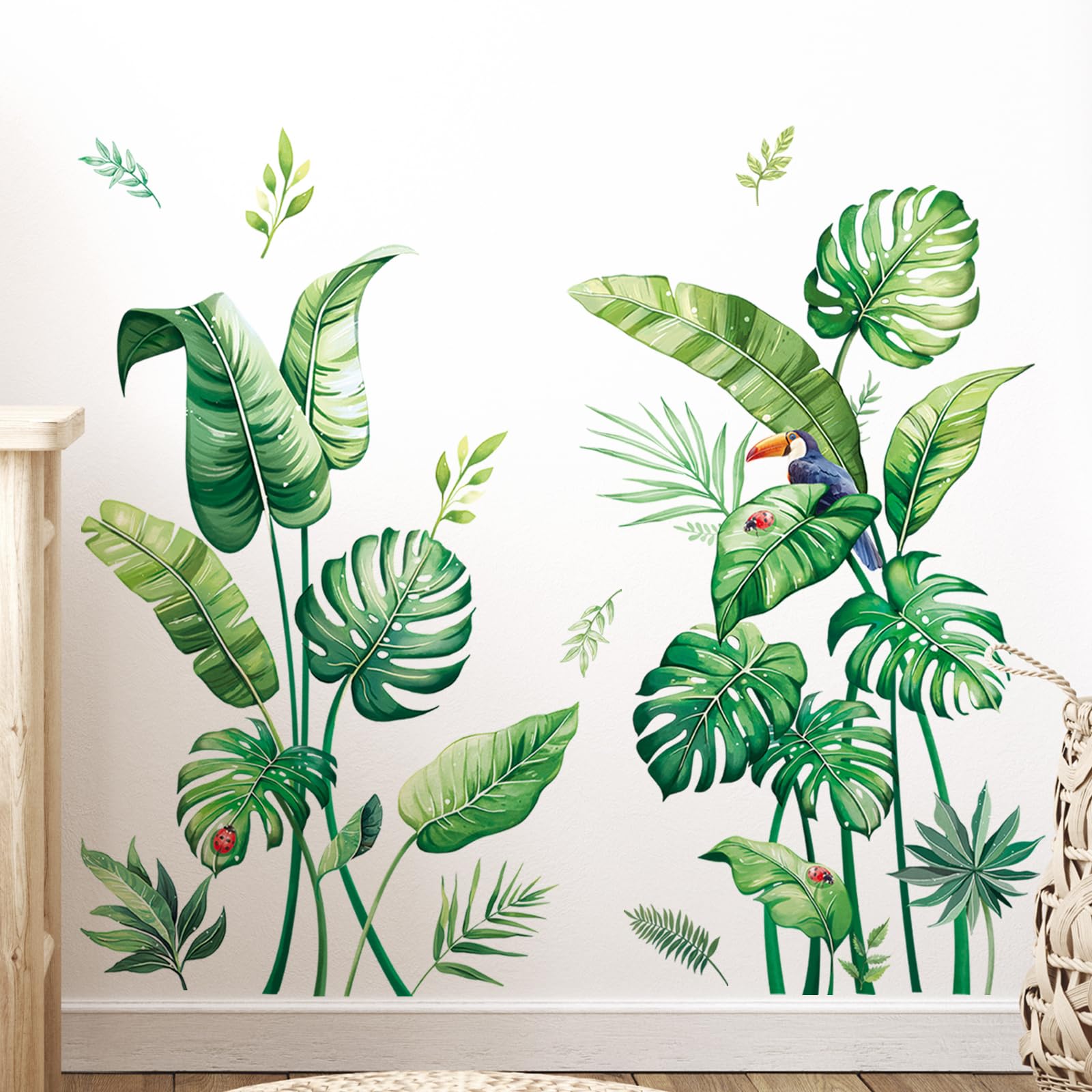 Tanlaby Tropical Leaves Wall Stickers Large Palm Leaf Wall Decals Green Plants Birds Peel and Stick Greenery Art Decor for Living Room Bedroom Office TV Background