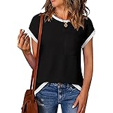 EVALESS Women's Short Sleeve T Shirts Crewneck Color Block Ribbed Knit Tee Blouses 2026 Trendy Summer Tops