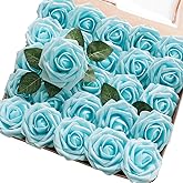 Floroom Artificial Flowers 25pcs Real Looking Aqua Blue Foam Fake Roses with Stems for DIY Wedding Bouquets Baby Shower Centerpieces Floral Arrangements Party Tables Home Decorations