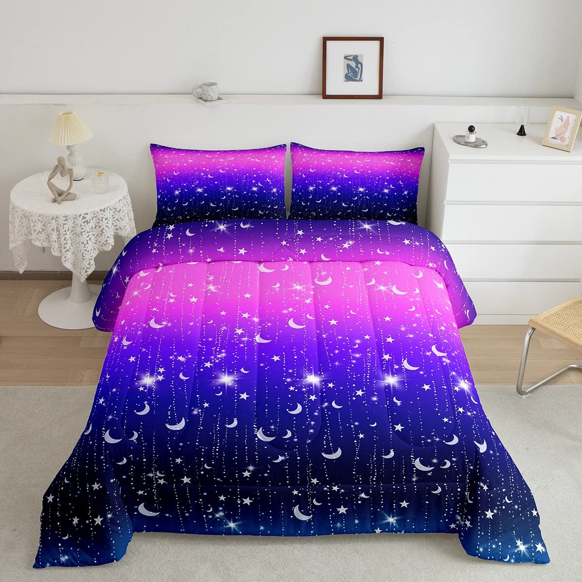 Loussiesd Ombre Purple Blue Star Moon Bedding Set Glitter Duvet Set Pastel Colorful for Boys Girls Bedroom Decor Stylish Down Comforter Single Size