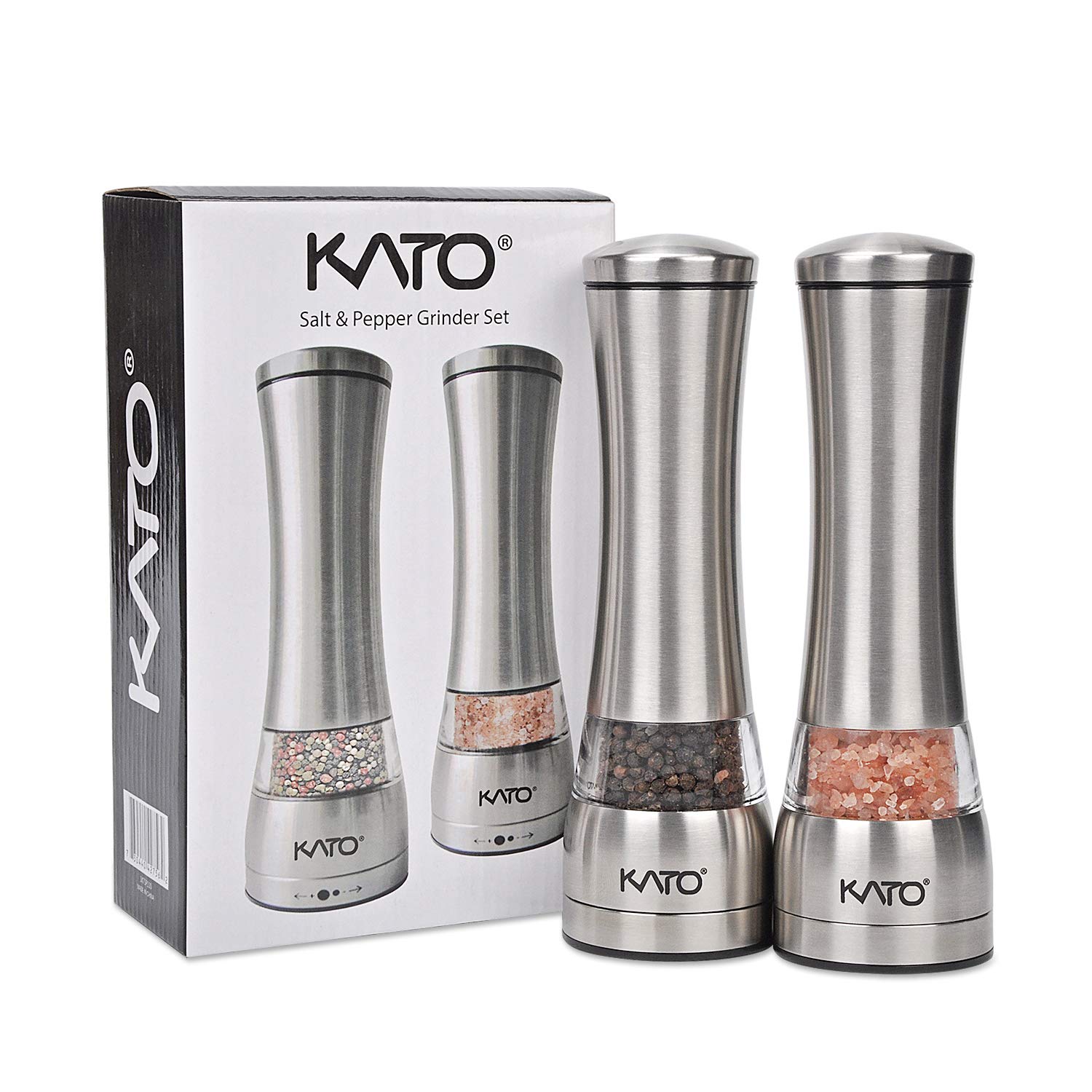 Kato Manual Stainless Steel Salt and Pepper Grinder Set, Best Ceramic Refillable Pepper Mills for Himalayan Salt, Pepper and Other Spices, 2 Pack