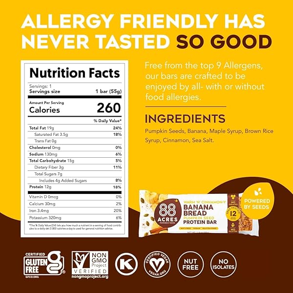88 ACRES PUMPKIN SEED PROTEIN BARS, BANANA BREAD, 9 COUNT, 12G PLANT-BASED PROTEIN, GLUTEN FREE, NUT FREE, SCHOOL SAFE SNACK BAR, VEGAN, NON-GMO, INDIVIDUALLY WRAPPED