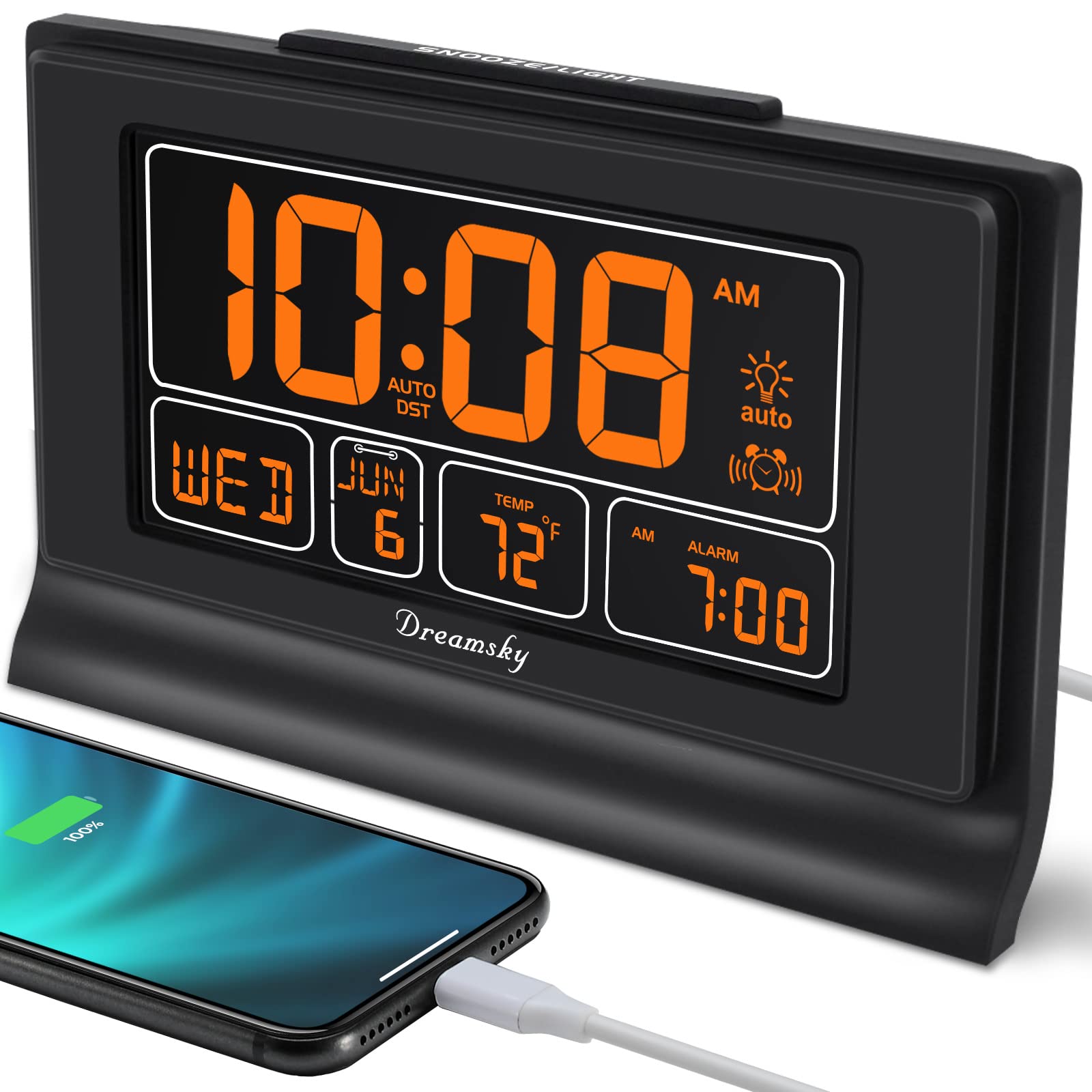 DreamSky Digital Alarm Clock with Battery Backup, 5 Inch Large Display, Auto Set Clock, USB Charging Ports, 12/24H