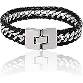Lucky Brand Mens Stainless Steel Bracelet 8.5", Stainless Steel & Black Leather Link Bracelet