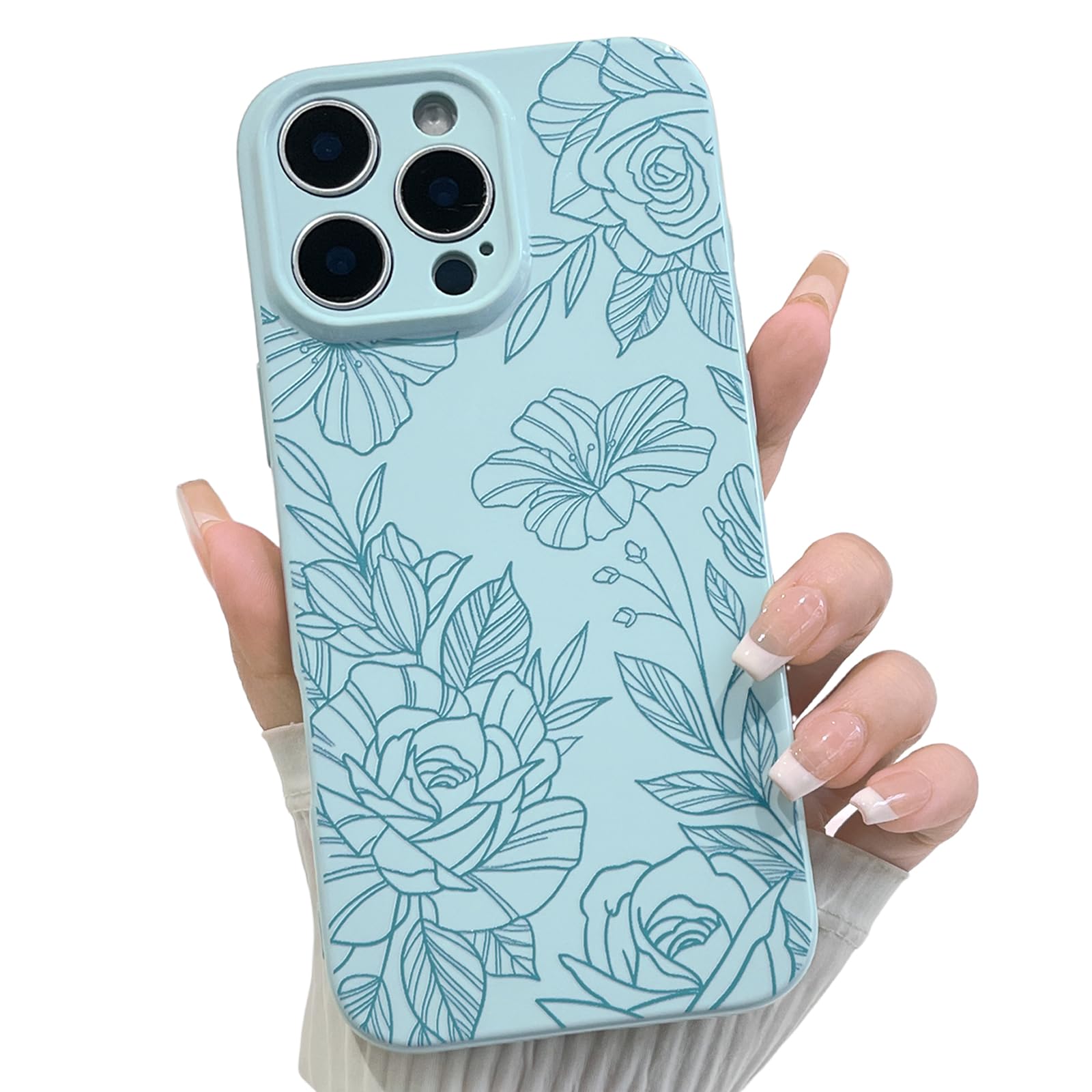 NITITOP Compatible with iPhone 16 Pro Max Case Cute Aesthetic Floral Flower Rose Line Pattern for Women Girl Trendy Slim Fit TPU Silicone Shockproof Full Camera Protection Cover - Blue