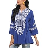 Higustar Mexican Shirts for Women Embroidered Tops Traditional Style Tunics Floral 3/4 Sleeve Plus Size Boho Peasant Blouse