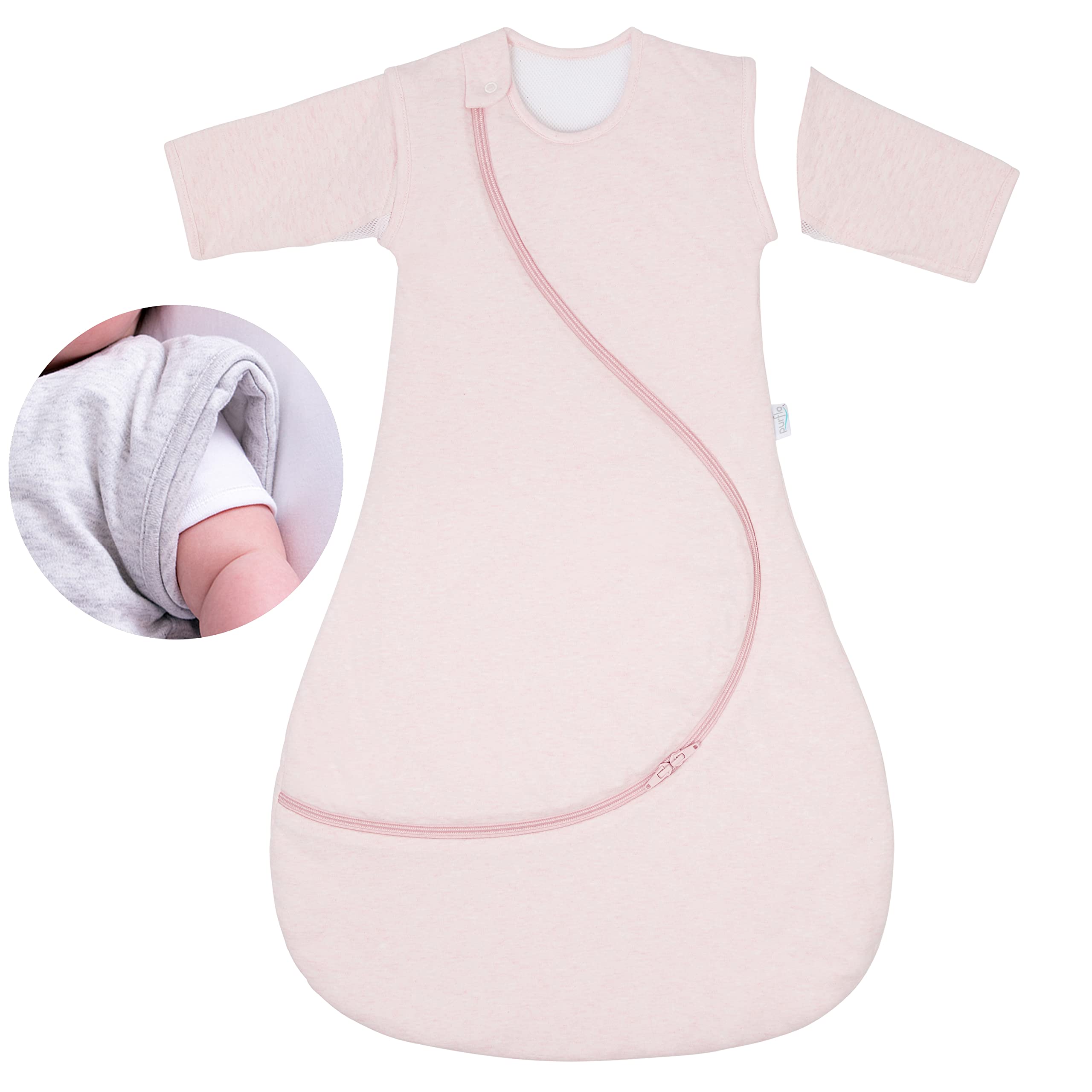 PurFlo Baby Sleeping Bag, All-Season 2.5 Tog Sleeping Bag with Removable Sleeves, 9–18 Months, Travel-Friendly Sleep Sack for Winter & Summer, Shell Pink