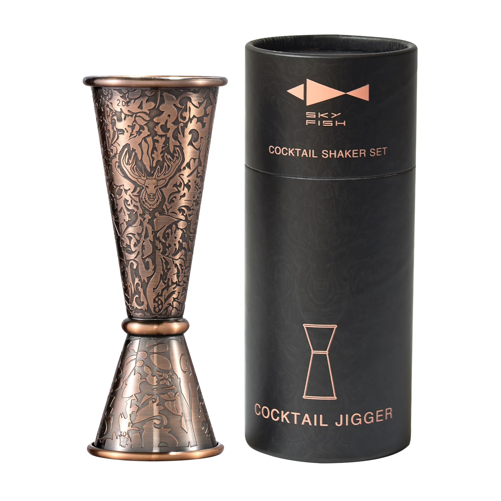 SKY FISH Stainless Steel Cocktail Jigger, 3D Embossed Double Spirit Measure with 1oz/2oz Markings, Antique Copper, Hand Wash