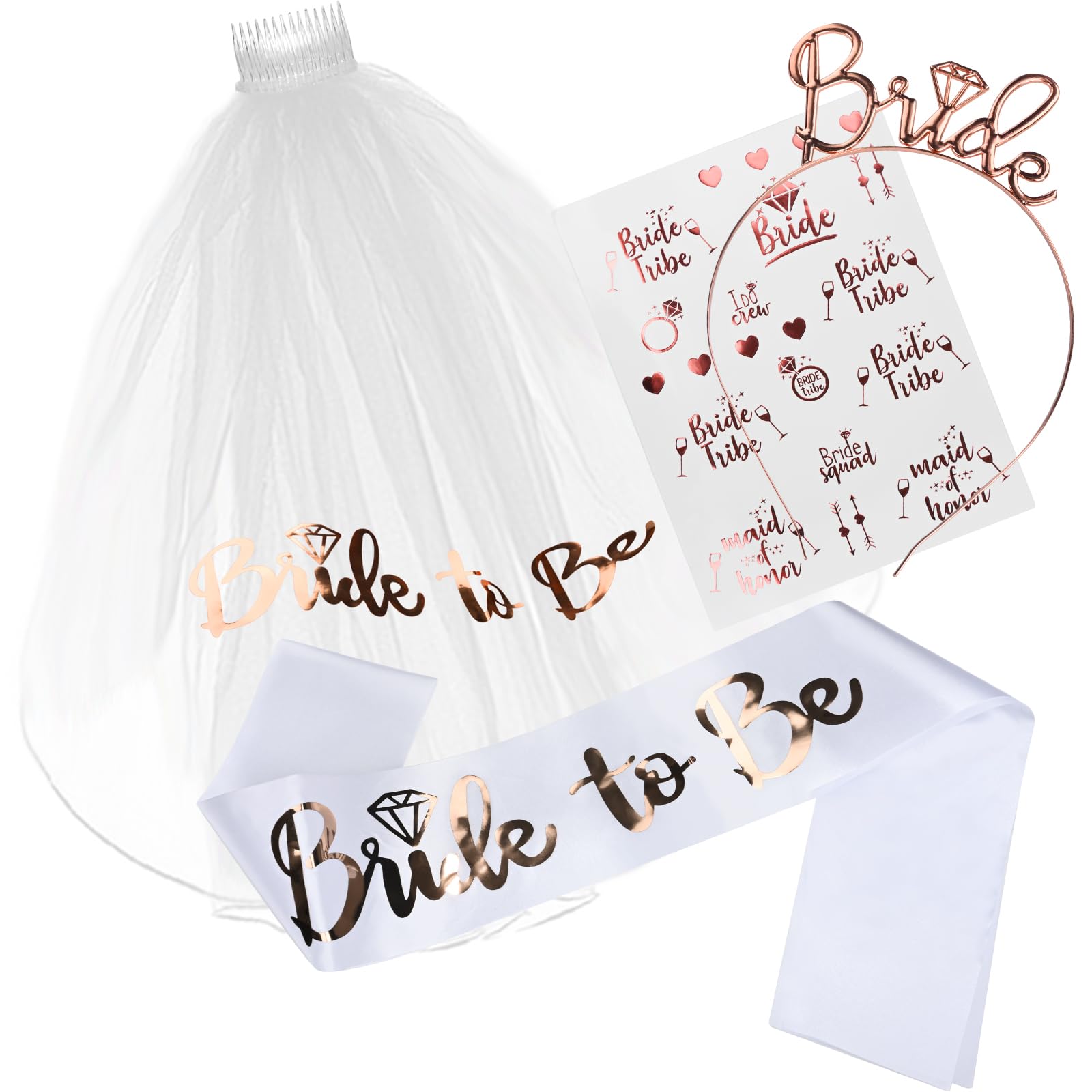 Bride to Be Sash White, Hen Party Accessories for Bridal Shower, Bachelorette Party, Hen Do Accessories with Sash, Tiara, Tattoo & Bride to Be Veil for Hen Party Games, Wedding Hen Do Decorations