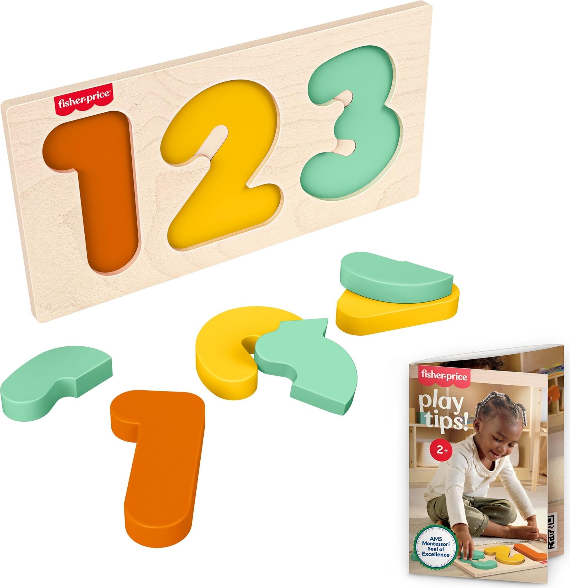 Fisher-Price Wood Montessori Toy 1-2-3 Puzzle, American Montessori Society Seal of Excellence, 6-Piece Wooden Learning Activity & Expert Play Tips for Toddlers & Kids Ages 2+ Years (Amazon Exclusive)