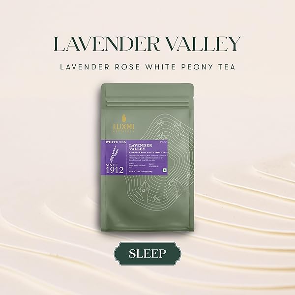 LUXMI ESTATES LAVENDER VALLEY ORGANIC LAVENDER TEA (50 TEA BAGS) LOW CAFFEINE TEA BAGS FOR SLEEP, RELAXING, CALMING, AND STRESS RELIEF, WITH CERTIFIED ORGANIC DARJEELING MAKAIBARI WHITE TEA